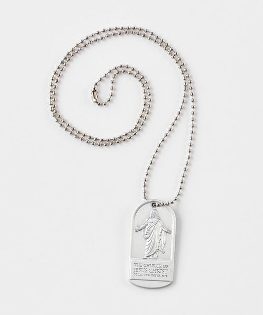 Latter-day Saint Identification Tag — front, Christus under arch on ball-bead chain