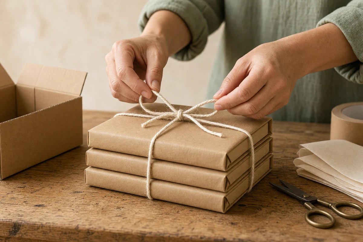 A maker's hands tying twine around a stack of books wrapped in brown paper, next to an open shipping box on a wooden worktable.