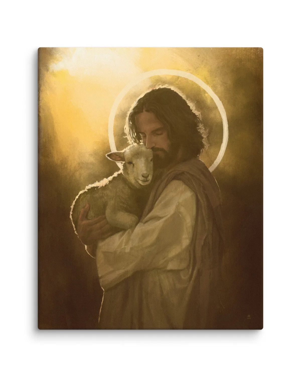 Canvas print by Layne Haacke of Jesus holding a lamb against his cheek, in warm gold light.