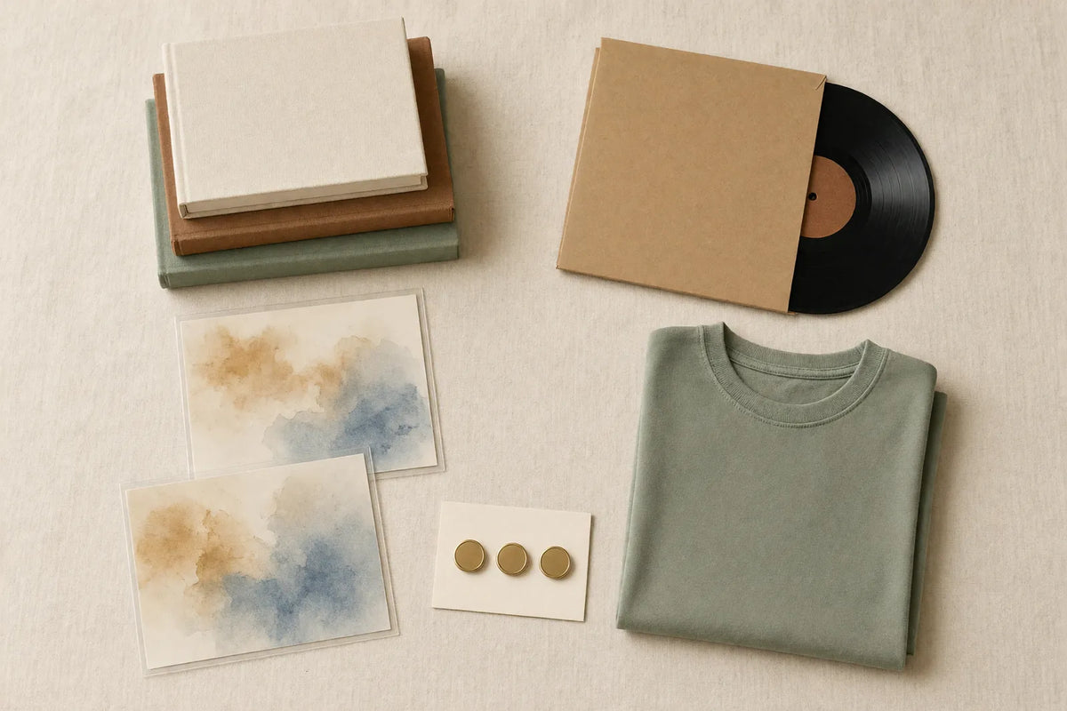 Finished work laid out on linen: a stack of cloth-bound books, two sleeved art prints, a record in a kraft jacket, a folded shirt and a card of gold pins.