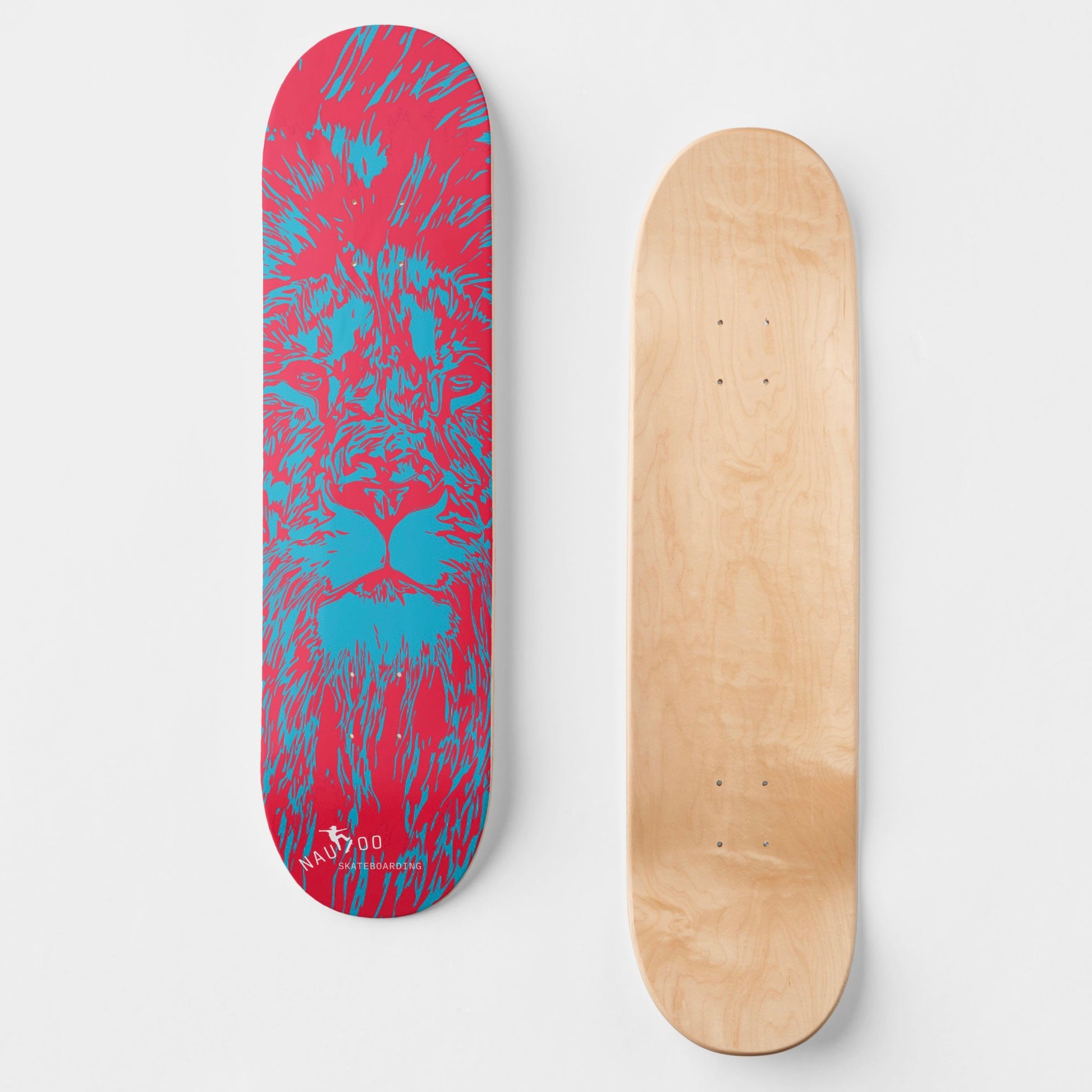Nauvoo Skateboarding lion head deck, blue and red, maple