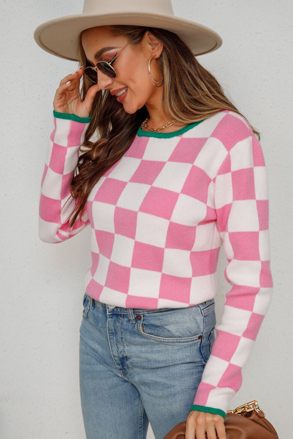 Checkered Retro Style Round Neck Sweater