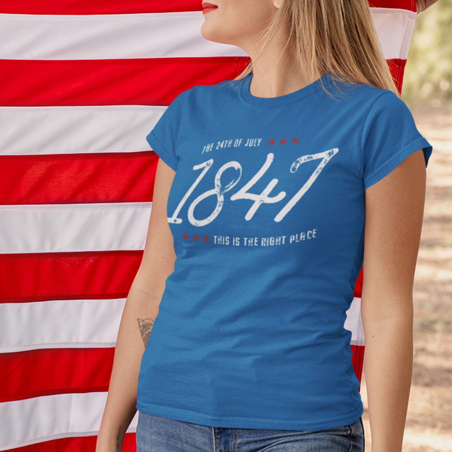LDS Woman wearing Pioneer Day shirt with 1847 date