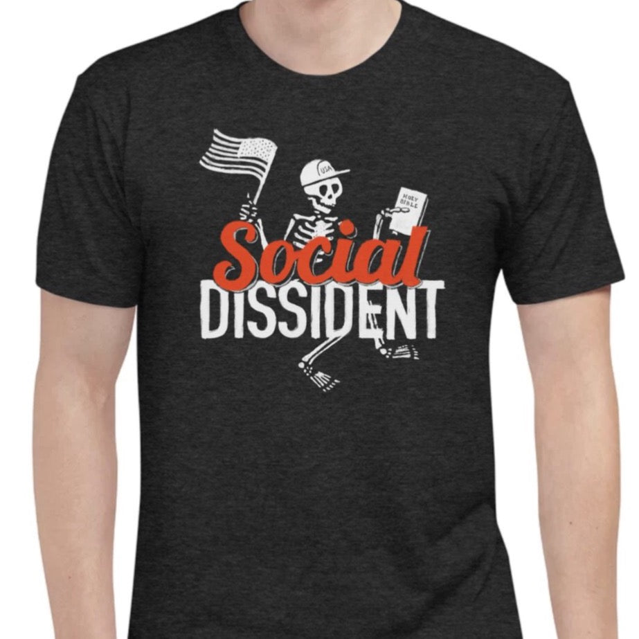 80s Punk Skelly T-shirt - Social Dissident With American flag and Bible
