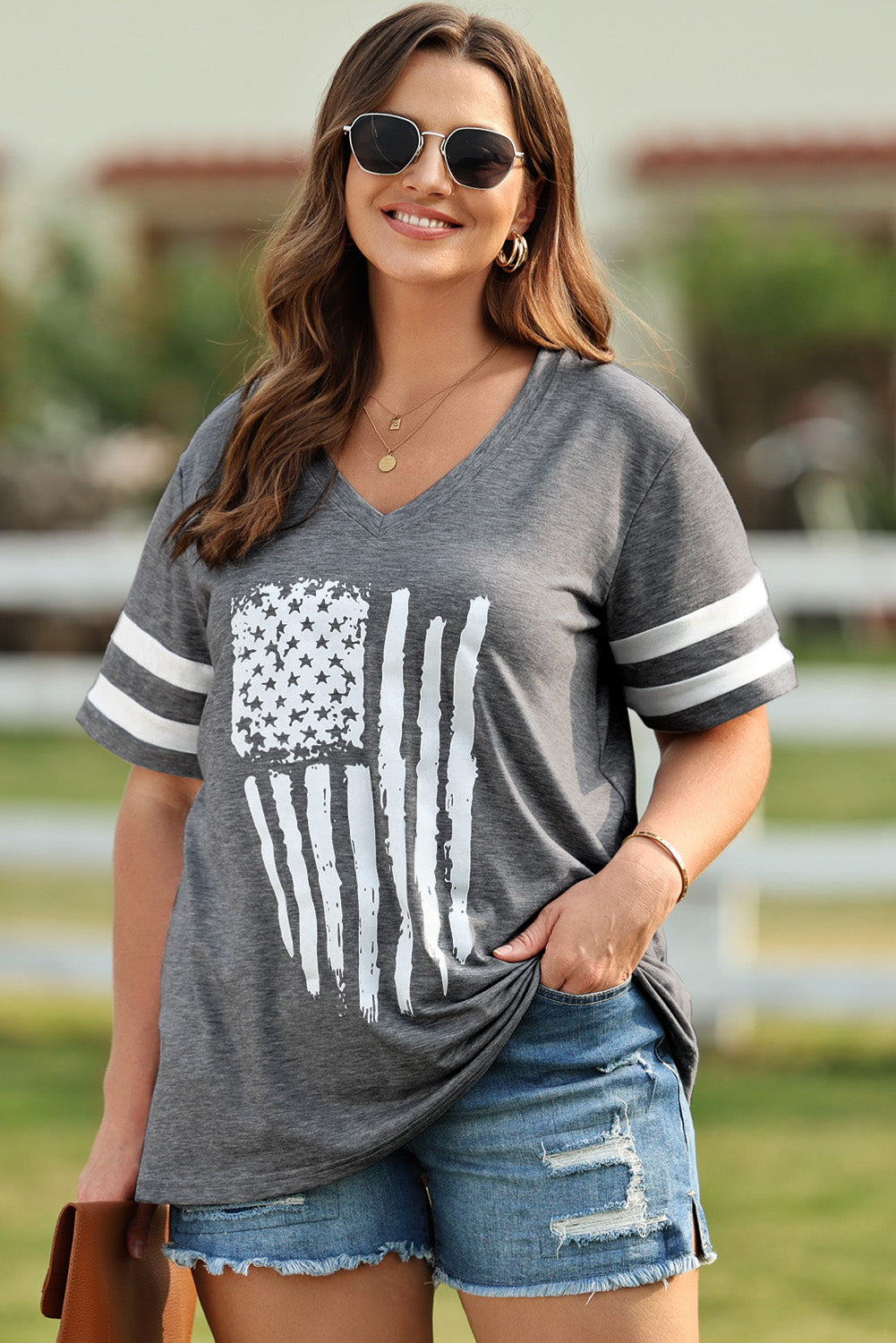 Women's Oversize US Flag Graphic V-Neck Tee
