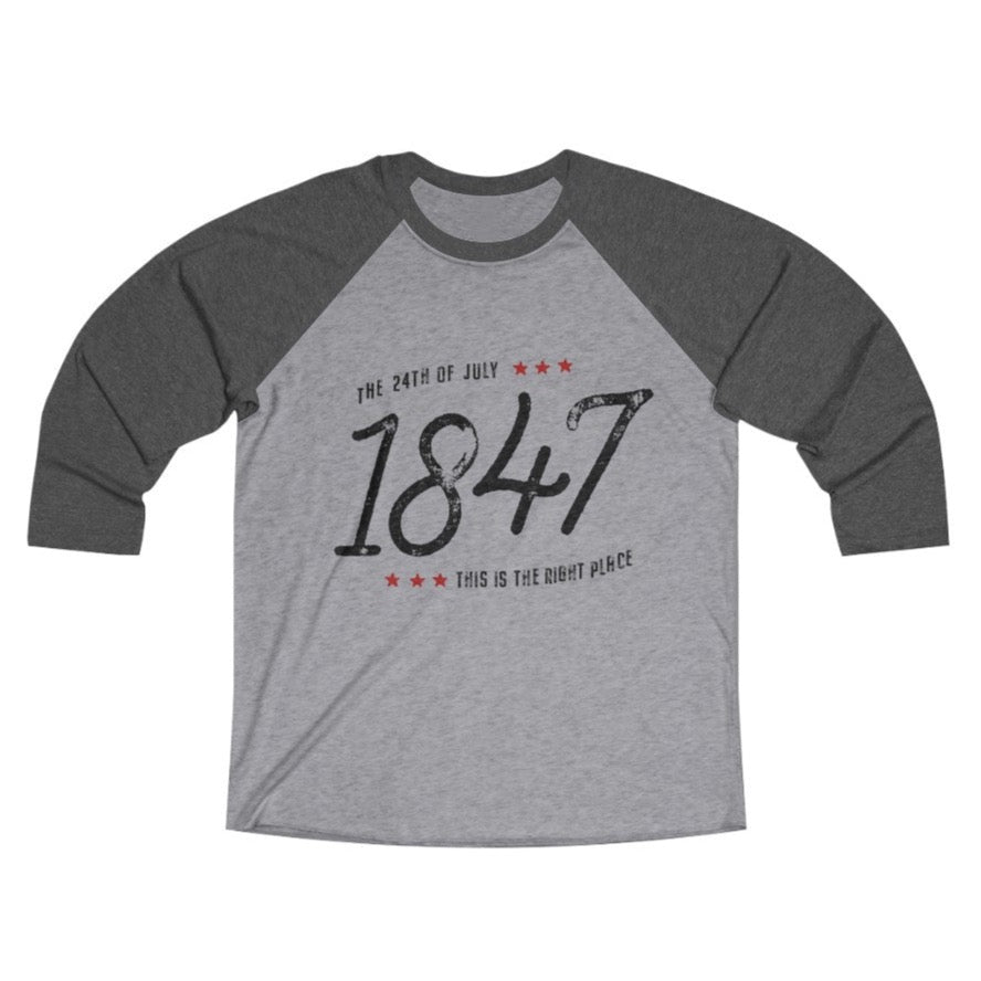 Pioneer Day 1847 design on a raglan baseball tee from Nauvoo Supply Co