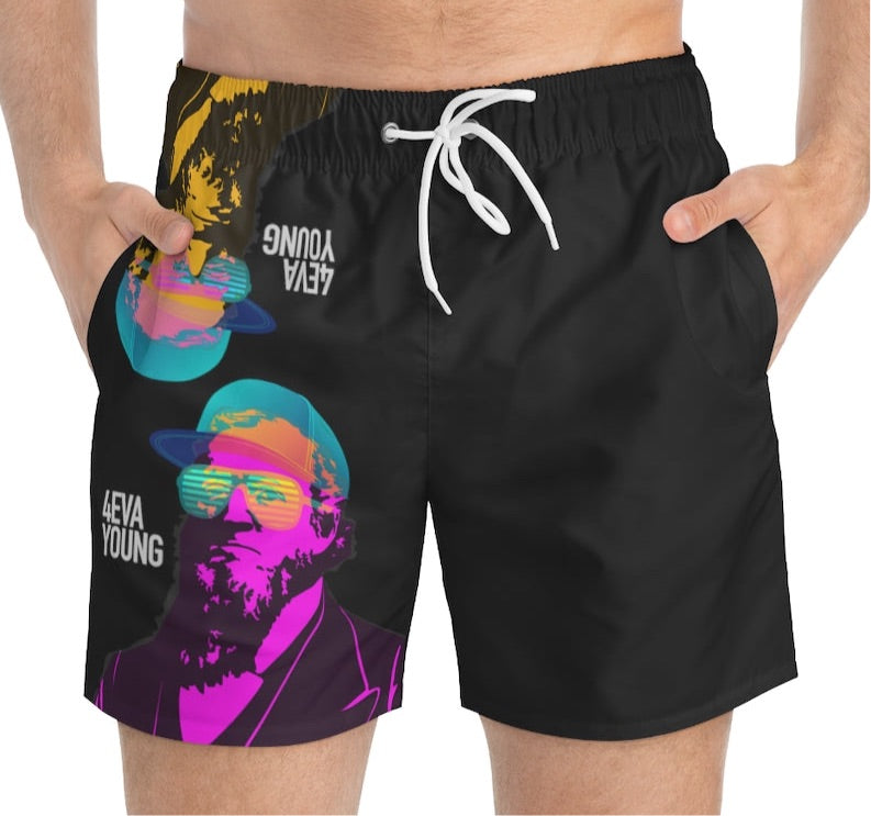 Man wearing black 4EVA YOUNG swim trunks with Brigham Young