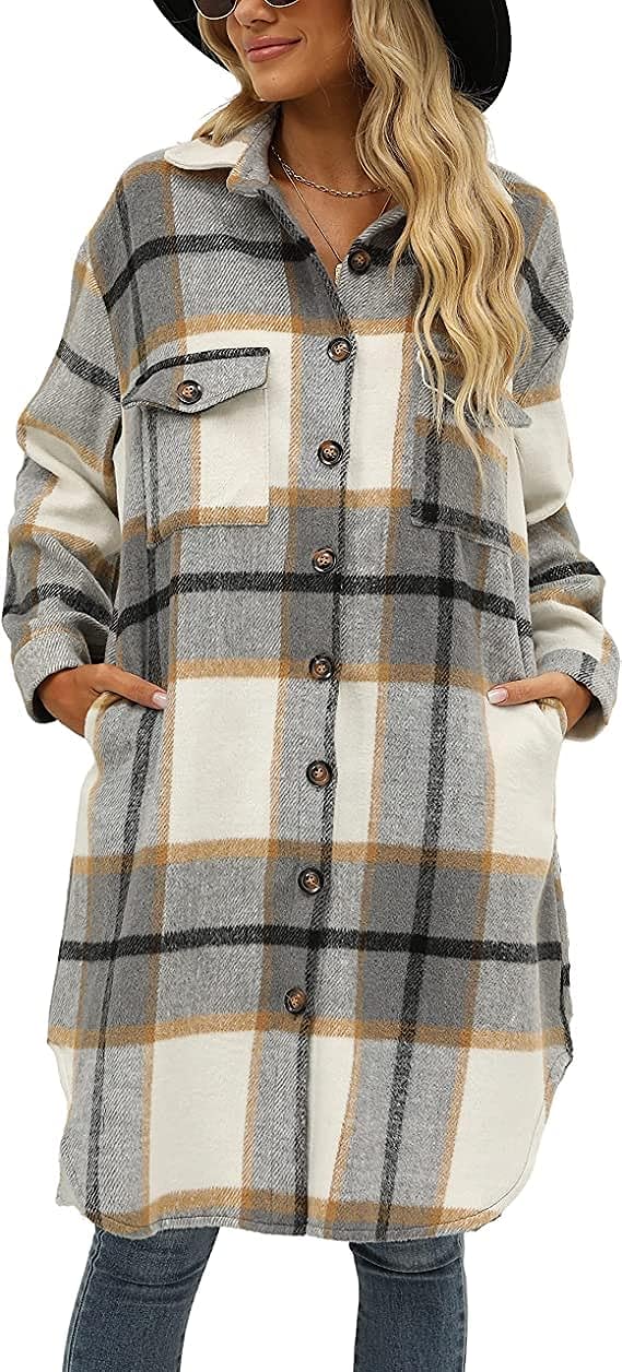 Women's Button up Long Sleeve Plaid Shirt Jacket