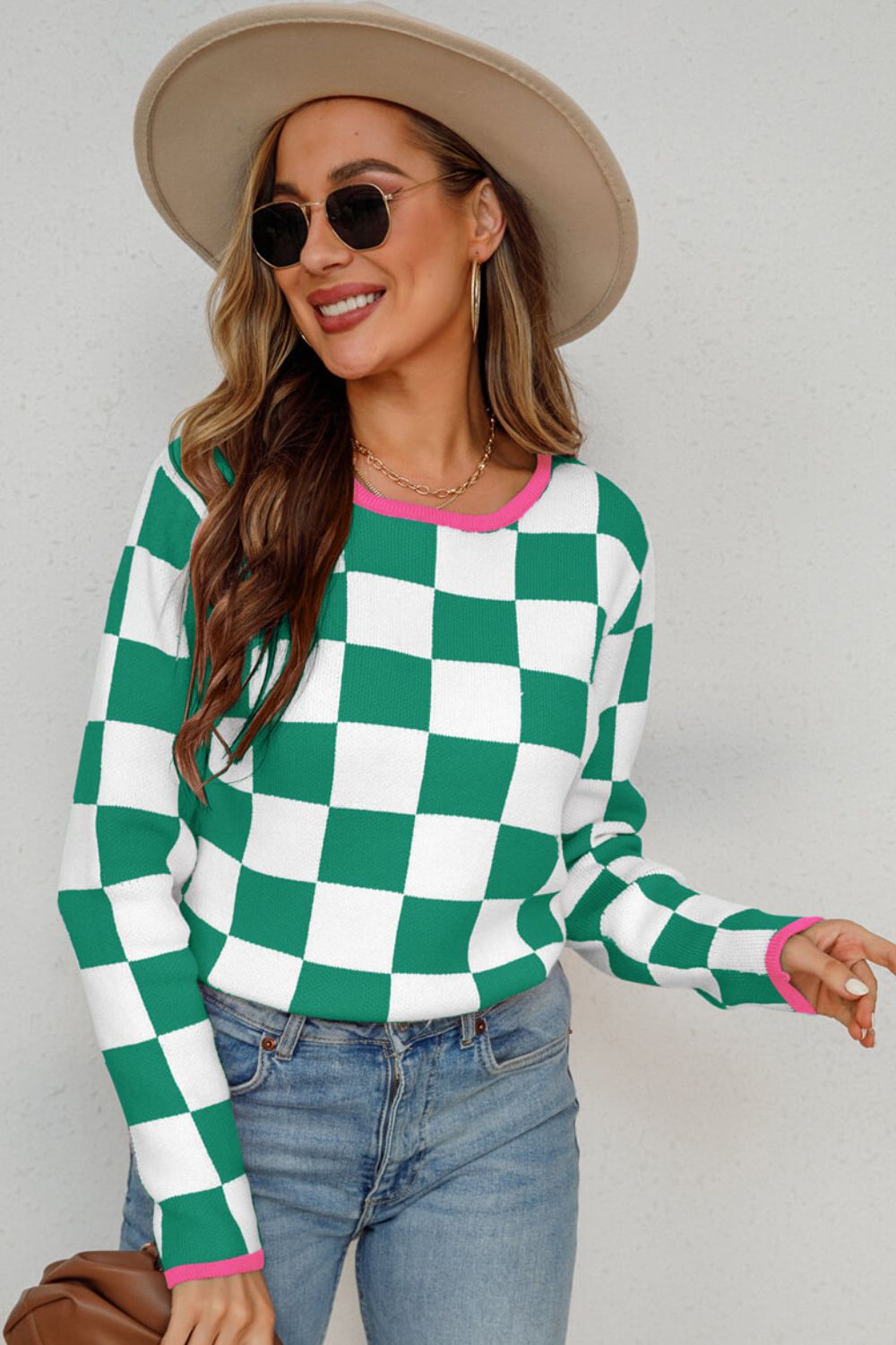 Checkered Retro Style Round Neck Sweater