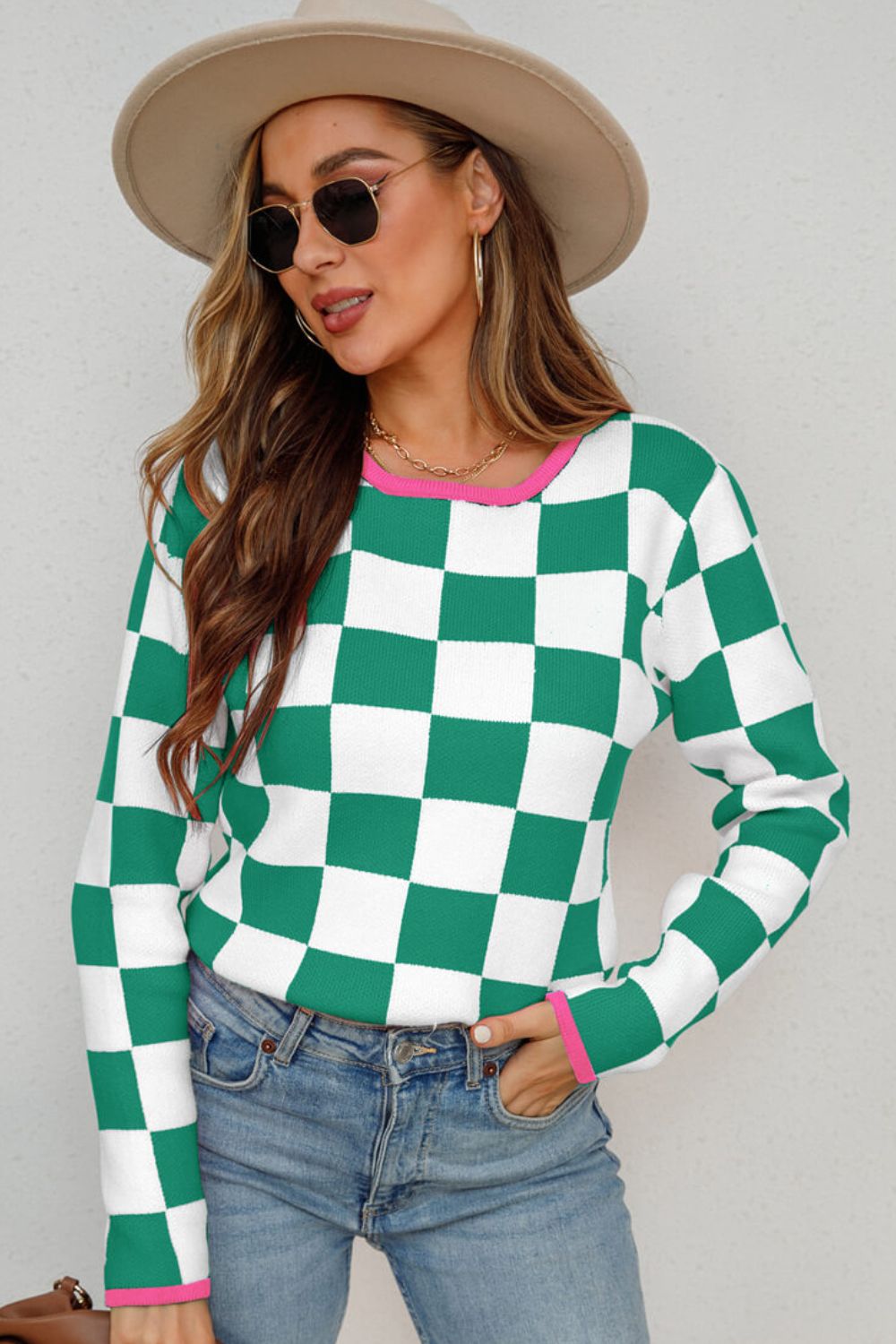 Checkered Retro Style Round Neck Sweater