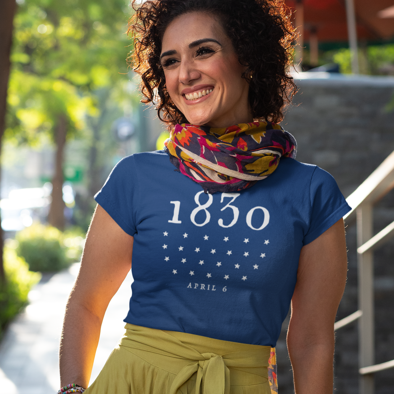 Woman wearing an LDS shirt with 1830 printed in white