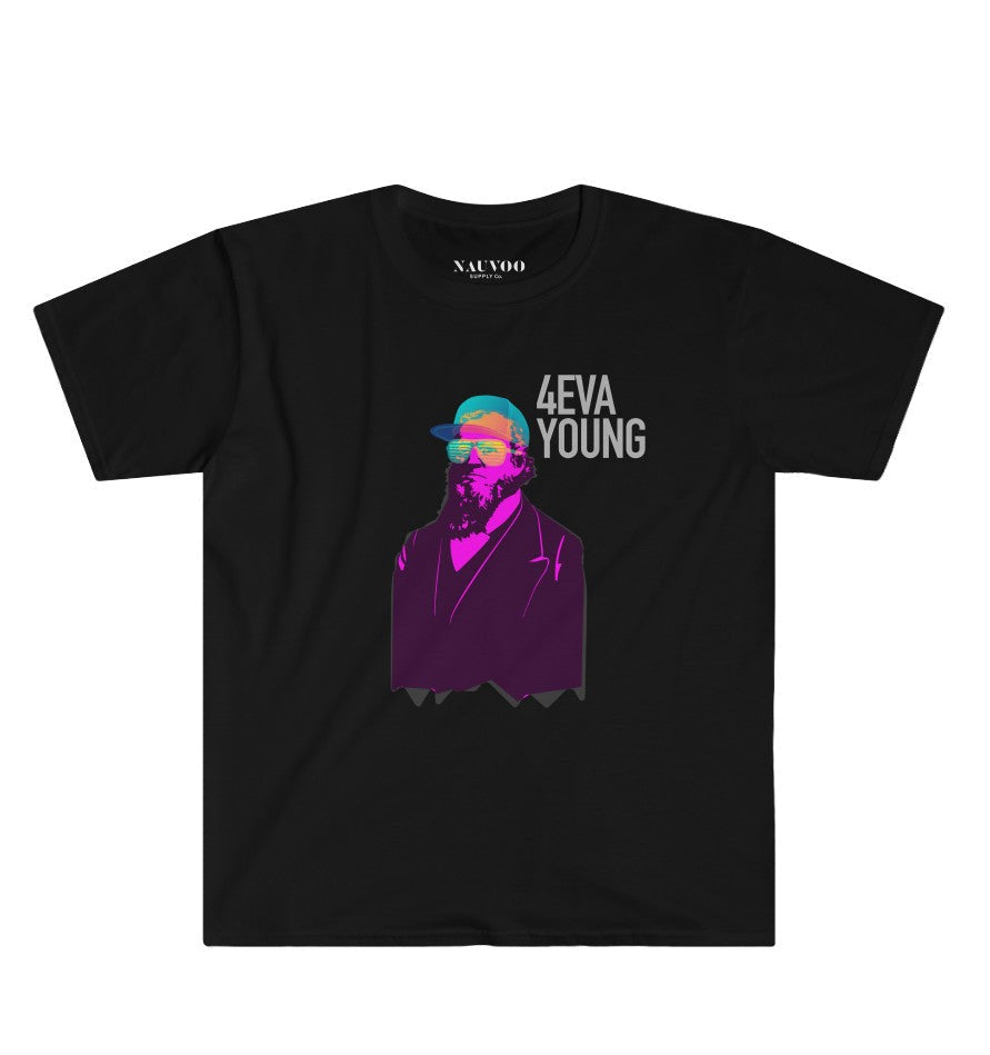 A black crew neck t-shirt with a graphic print of Brigham Young and the text '4EVA YOUNG'.