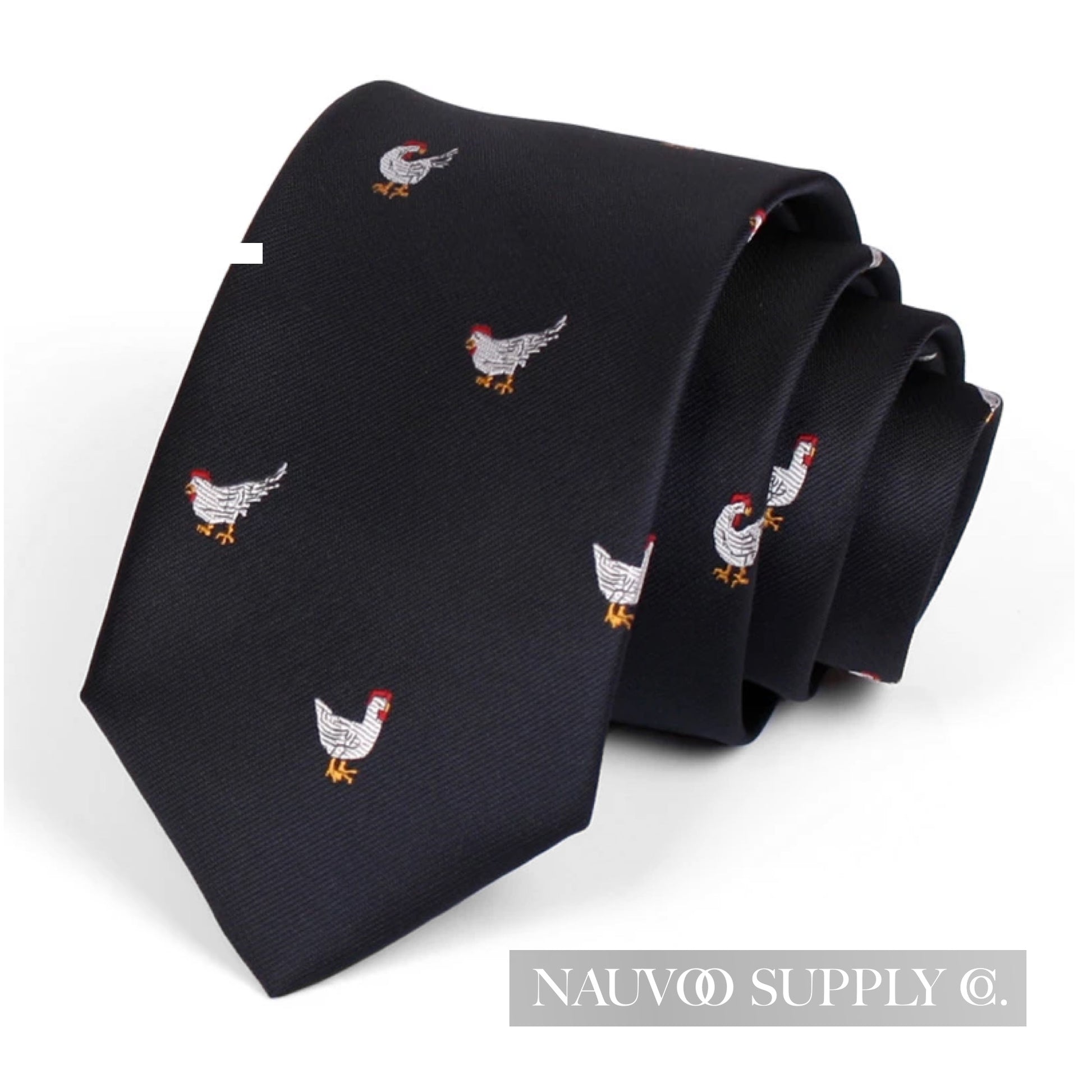 Black necktie with white chicken pattern