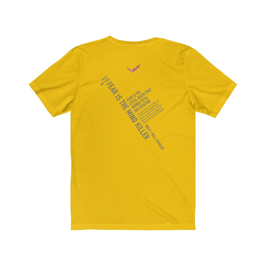 Dune "Fear is the mind killer" Unisex Softstyle T-Shirt - House Atreides hawk, full quote, front, back, fan art, Frank Herbert