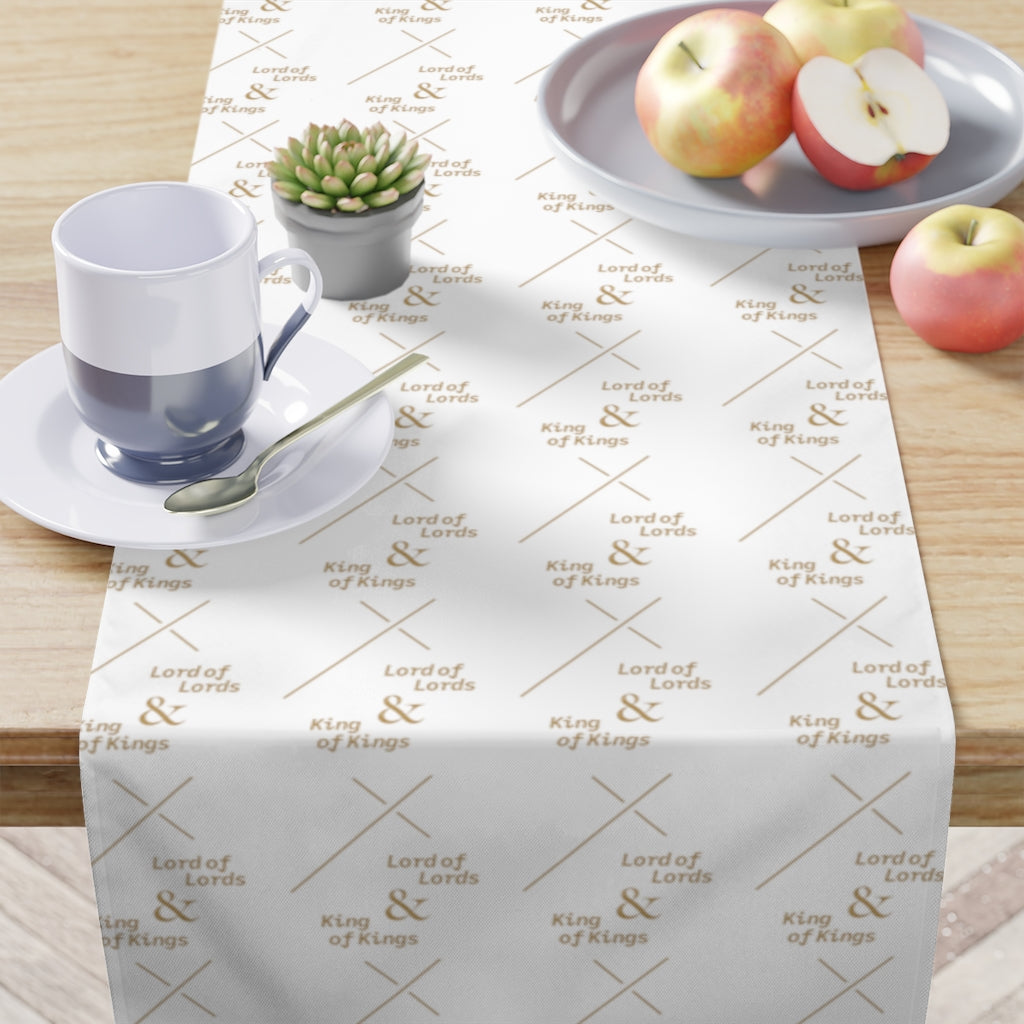 Christmas Decor - Gold and White Table Runner with Handels Messiah, King of Kings and Lord of Lords Pattern