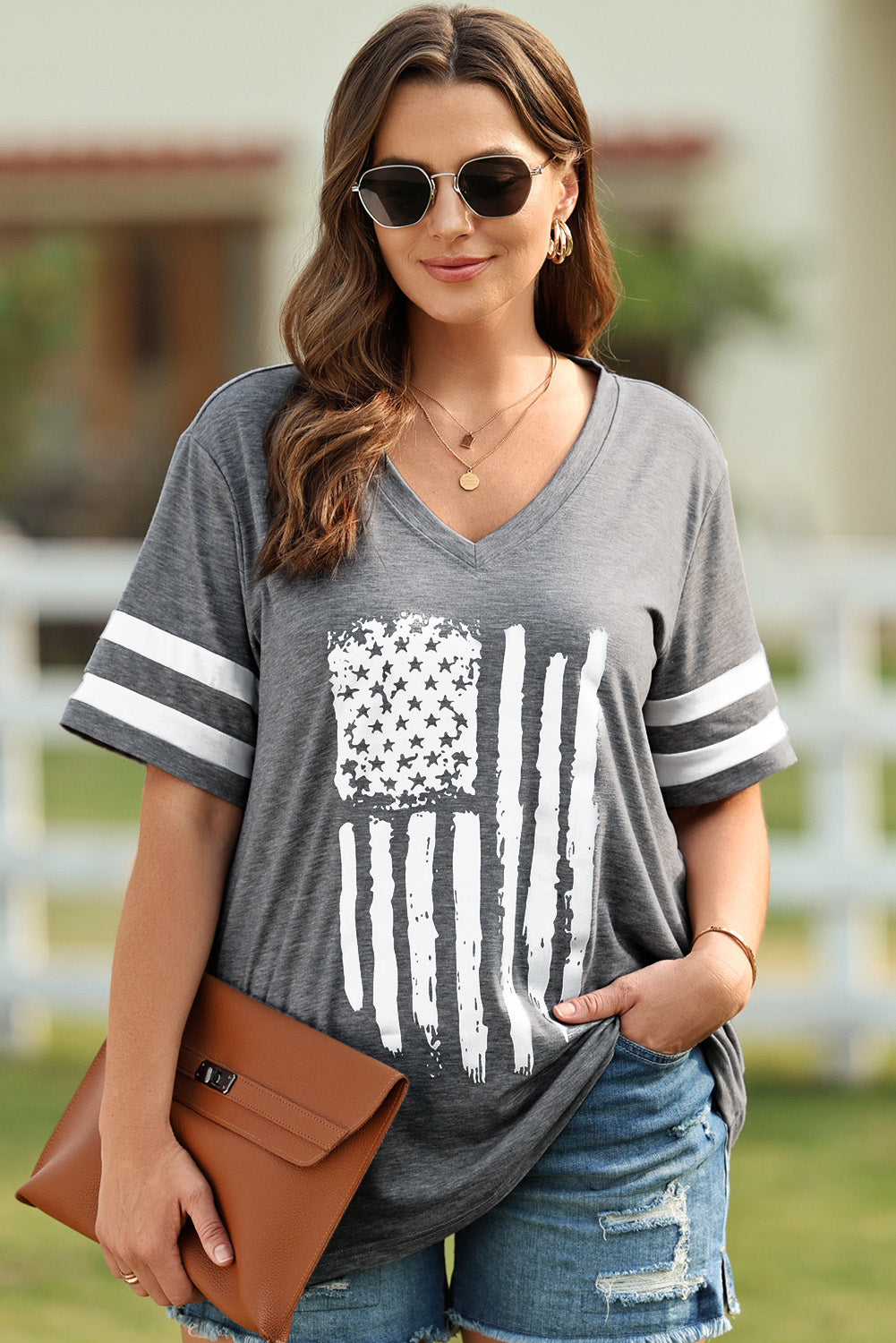 Women's Oversize US Flag Graphic V-Neck Tee