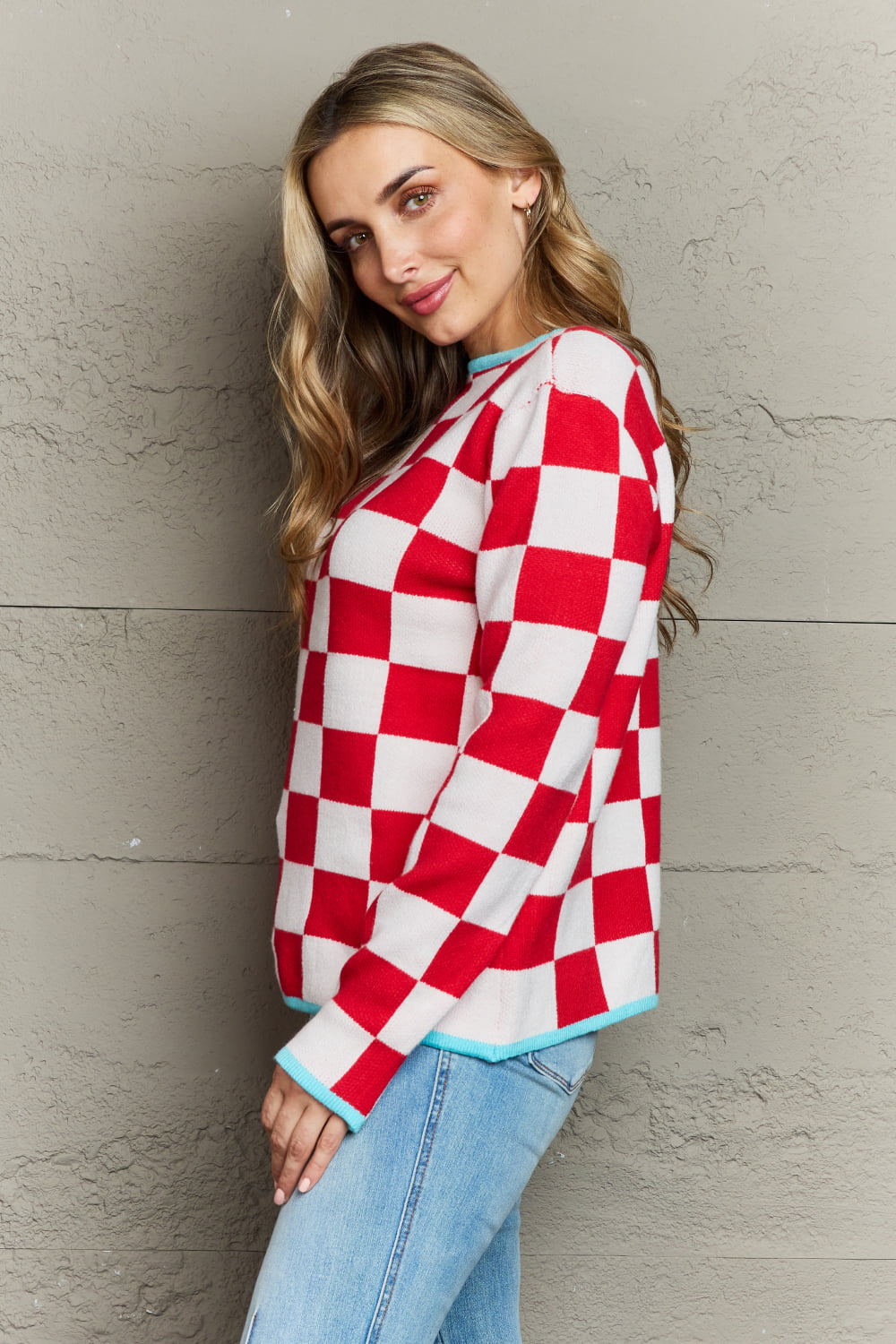 Checkered Retro Style Round Neck Sweater